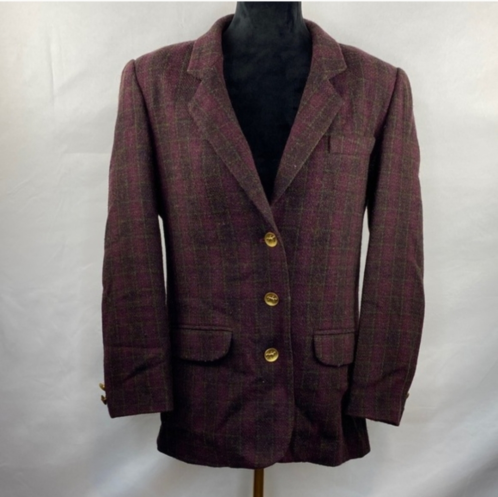 Vintage Eddie Bauer Equestrian Burgundy Plaid Wool Blazer Size Smal